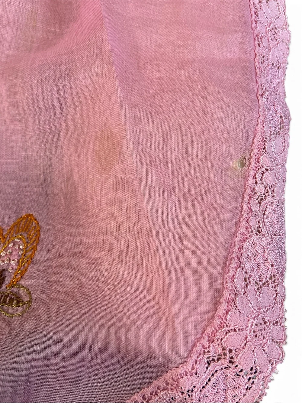 Vintage Sheer Pink Embroidered Half Apron with Lace Trim and Pink Satin Ties